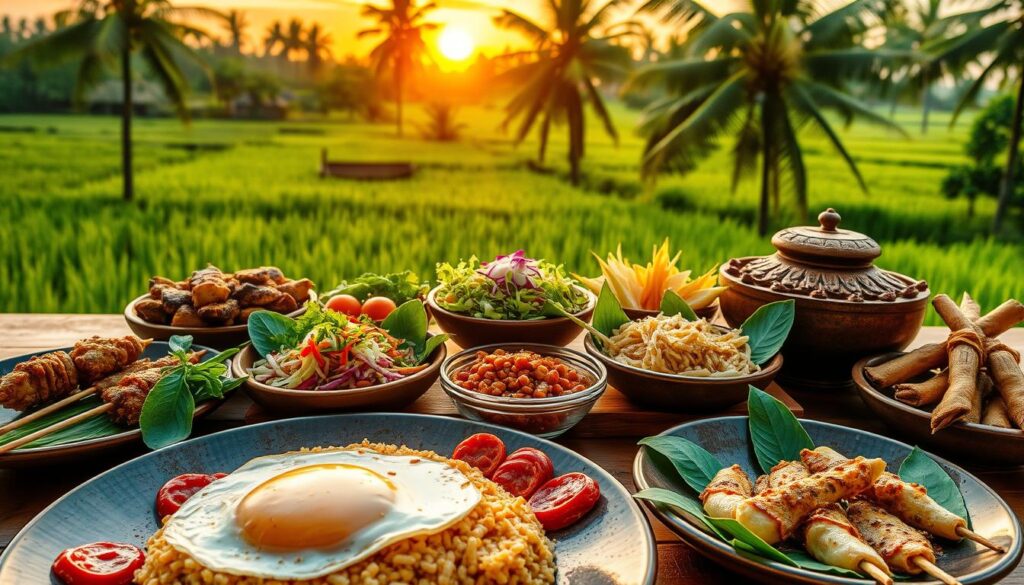 A beautifully arranged assortment of traditional Balinese dishes, showcasing vibrant colors and intricate textures. In the foreground, a plate of Nasi Goreng with a fried egg on top, surrounded by satay skewers and sambal. In the middle, a wooden table adorned with a variety of colorful dishes like Lawar with fresh herbs, Gado-Gado salad drizzled with peanut sauce, and a bowl of Sate Lilit made from minced seafood, wrapped in lemongrass. In the background, lush green rice paddies and palm trees under a golden sunset sky, casting warm, inviting light. The scene evokes a feeling of tropical paradise and culinary exploration, with detailed emphasis on spice and freshness. Capture the essence of unique Bali flavors, focusing on aesthetics and cultural richness.