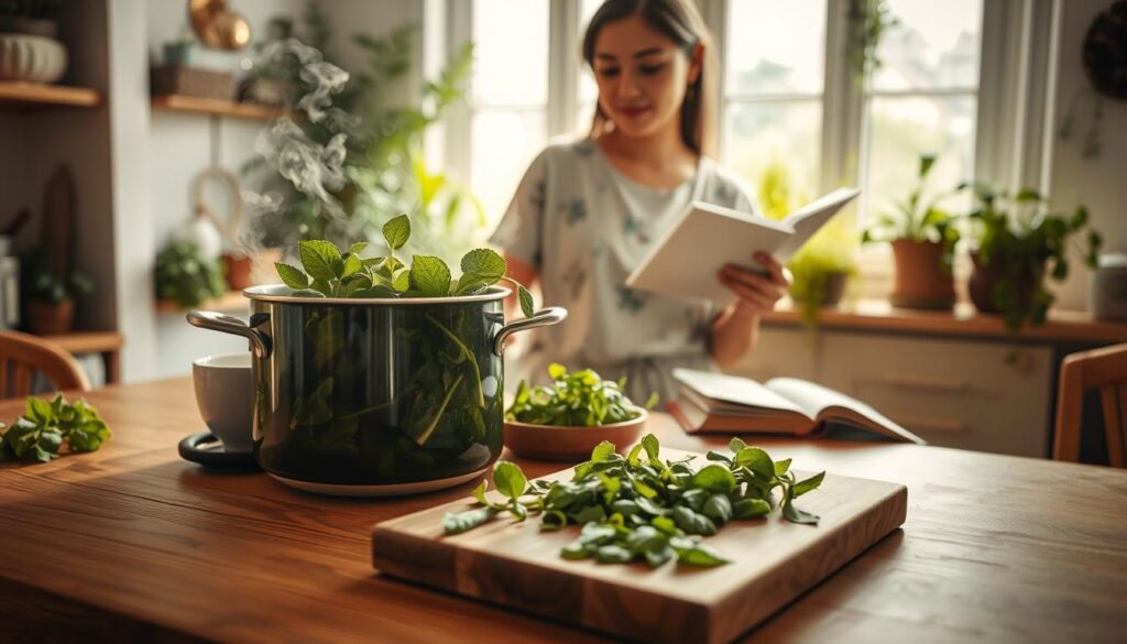 A cozy kitchen scene filled with natural light, showcasing a wooden table in the foreground. On the table, a pot with steaming herbal broth made from various green leaves, like mint and lemongrass, sits next to a wooden cutting board with freshly chopped herbs. In the middle ground, a person wearing modest casual clothing is gently stirring the pot, with a look of concentration and satisfaction. Surrounding them, fresh herbs and a small cookbook with a recipe peeking out. The background features a bright window with flourishing plants, enhancing the atmosphere of health and wellness. Soft, warm lighting creates a serene and inviting mood, encouraging the viewer to explore the benefits of herbal brews.