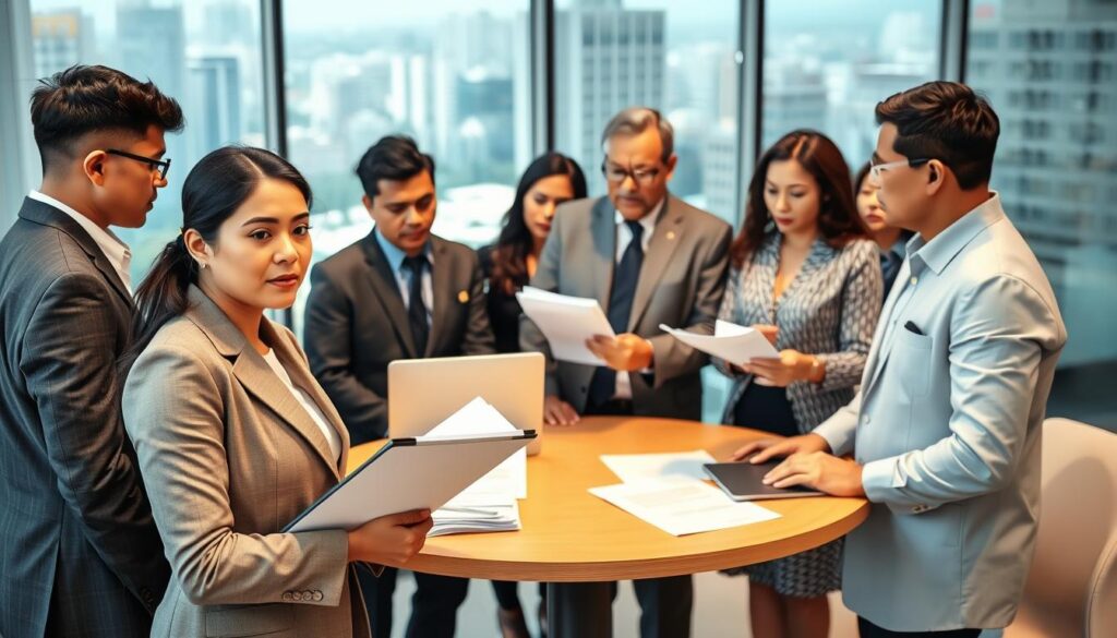 A diverse group of professional public officials, including men and women of various ethnicities, gather in a modern office setting to formulate a team evaluation for the Bogor District government. In the foreground, a confident woman in a tailored suit holds a clipboard with a focused expression, while a middle-aged man in business casual attire actively discusses plans. In the middle ground, a round table is filled with documents and laptops, emphasizing their serious discussion. The background reveals a glass wall with a view of a bustling cityscape, symbolizing progress and transparency. The lighting is bright and inviting, enhancing the serious yet collaborative atmosphere of the image. The scene captures the urgency and proactive nature of the team’s response to recent events.