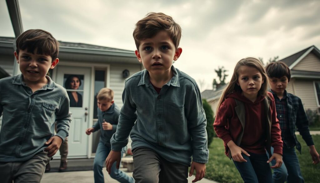 A dramatic scene capturing the moment of a home raid orchestrated by a group of children. In the foreground, three children, dressed in modest casual clothing, displaying expressions of determination and urgency as they cautiously approach a house. In the middle ground, the slightly ajar front door of the house reveals a concerned adult glancing sideways, casting a sense of unease. The background showcases a suburban neighborhood, with typical houses and trees under a cloudy sky to enhance the tension of the scene. Soft lighting creates an atmospheric effect, with shadows adding depth to the image. The overall mood is serious and suspenseful, emphasizing the children's quest for answers, reflecting curiosity and bravery in a challenging situation.