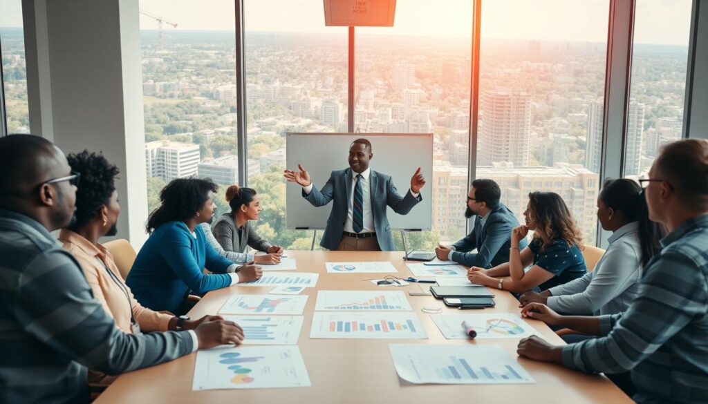 A dynamic and engaging scene depicting a diverse group of citizens actively participating in a political meeting in a well-lit, modern conference room. In the foreground, a group of people of various ethnicities, including Asian, Black, and Caucasian, are attentively discussing around a large table, with charts and graphs spread out before them, symbolizing strategic planning. In the middle, an inspiring leader stands confidently at a whiteboard, gesturing passionately as they explain key ideas. In the background, large windows reveal a vibrant cityscape, filled with greenery and modern architecture, representing growth and development. The atmosphere is one of collaboration and hope, bathed in warm, natural light that highlights the engaged expressions of the participants, showcasing the importance of political participation in national development. A dynamic and engaging scene depicting a diverse group of citizens actively participating in a political meeting in a well-lit, modern conference room. In the foreground, a group of people of various ethnicities, including Asian, Black, and Caucasian, are attentively discussing around a large table, with charts and graphs spread out before them, symbolizing strategic planning. In the middle, an inspiring leader stands confidently at a whiteboard, gesturing passionately as they explain key ideas. In the background, large windows reveal a vibrant cityscape, filled with greenery and modern architecture, representing growth and development. The atmosphere is one of collaboration and hope, bathed in warm, natural light that highlights the engaged expressions of the participants, showcasing the importance of political participation in national development.
