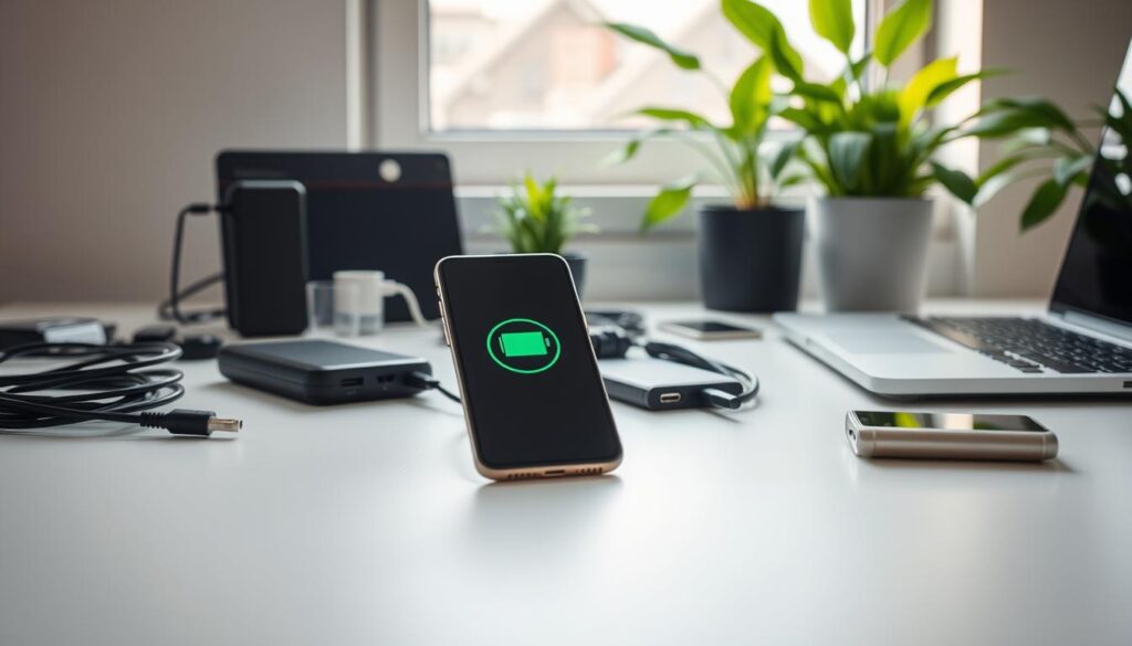 A serene workspace featuring a smartphone on a clean desk, surrounded by various charging accessories such as a power bank, cables, and a laptop. In the foreground, the smartphone is angled slightly to showcase its screen, displaying a battery icon indicating full charge. The middle ground includes organized charging devices, like a wireless charger and an extension cord, demonstrating proper charging habits. The background features soft natural light coming from a window, illuminating green plants that suggest a fresh and efficient environment. The overall mood is calm and instructive, emphasizing a sense of preparedness and prevention for battery charging issues in the future. The composition should focus on clarity, with a professional feel, without any text or distracting elements.