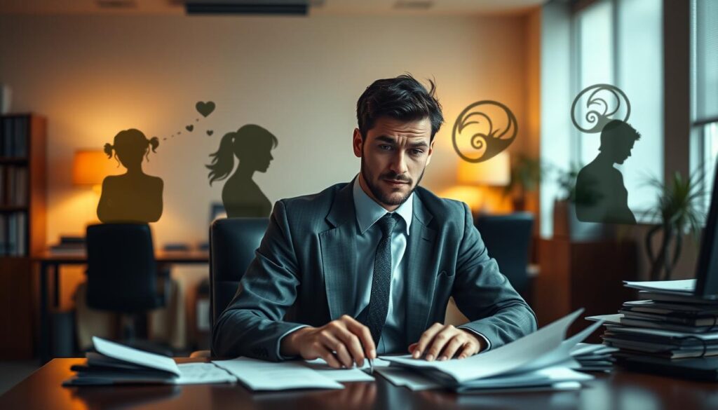 A thought-provoking representation of long-term mental health impacts, focusing on anxiety disorders. In the foreground, a professional person in modest business attire sits at a desk cluttered with paperwork, their expression contemplative and slightly distressed. In the middle ground, a series of fading silhouettes represent various emotional states—anxiety, despair, and hope—interconnected by swirling patterns that symbolize mental struggle and resilience. The background features a softly lit office space, with warm, diffused lighting creating an inviting yet somber atmosphere. Use a shallow depth of field to keep the person and the foreground in sharp focus while the background remains slightly blurred. The overall mood is introspective, conveying the weight of mental health challenges and the complexity of healing.