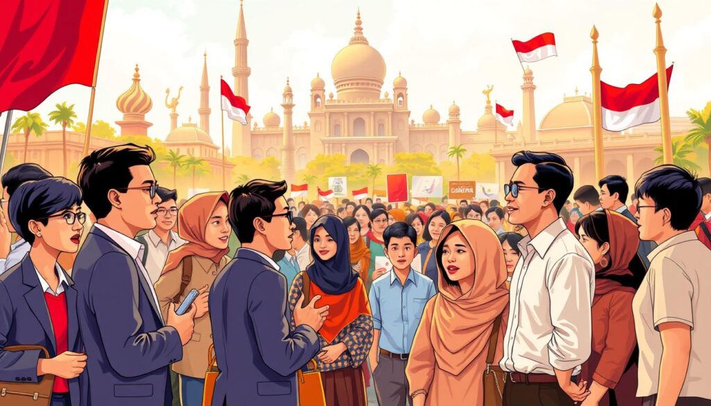 A vibrant and dynamic illustration showcasing various forms of political participation in Indonesia. In the foreground, diverse individuals, dressed in professional business attire and modest casual clothing, engage in discussions and debates, symbolizing active civic engagement. The middle ground features a community gathering, with people holding placards and representing different political ideologies, showcasing unity in diversity. In the background, iconic Indonesian landmarks are visible, bathed in warm, natural sunlight, reflecting the optimistic mood and energy of civic involvement. The atmosphere is filled with a sense of hope and empowerment, captured from a slightly elevated angle to create depth and allow viewers to appreciate the vibrant interactions among citizens in a politically active society. A vibrant and dynamic illustration showcasing various forms of political participation in Indonesia. In the foreground, diverse individuals, dressed in professional business attire and modest casual clothing, engage in discussions and debates, symbolizing active civic engagement. The middle ground features a community gathering, with people holding placards and representing different political ideologies, showcasing unity in diversity. In the background, iconic Indonesian landmarks are visible, bathed in warm, natural sunlight, reflecting the optimistic mood and energy of civic involvement. The atmosphere is filled with a sense of hope and empowerment, captured from a slightly elevated angle to create depth and allow viewers to appreciate the vibrant interactions among citizens in a politically active society.
