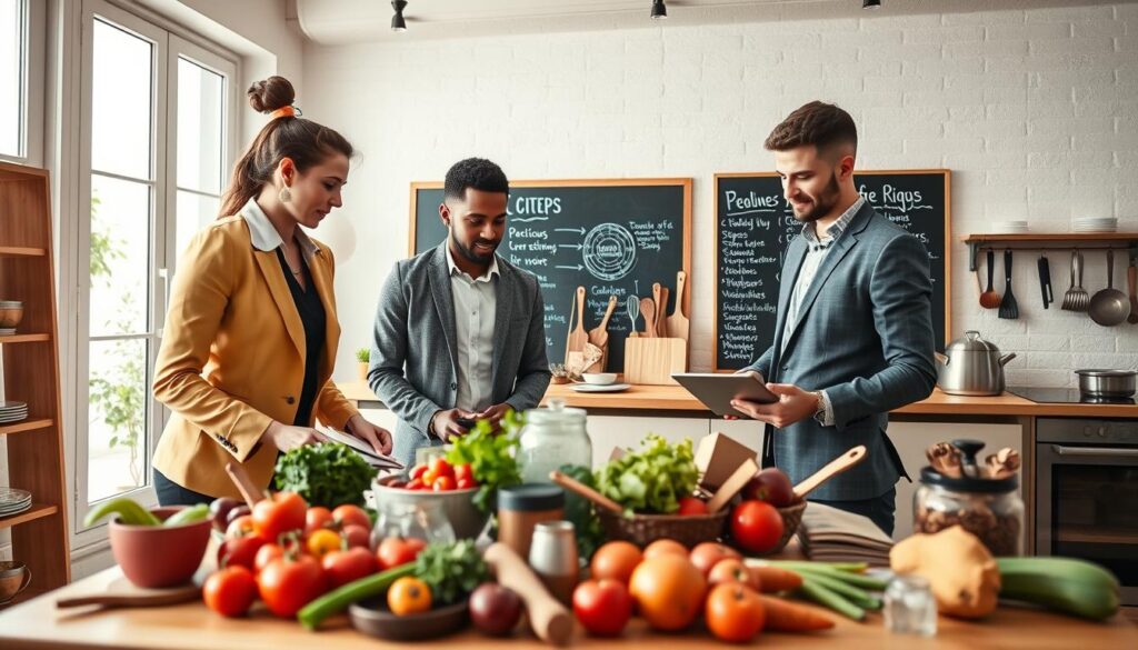 A vibrant and engaging scene depicting the essential steps to start a food business. In the foreground, a diverse group of three individuals – a woman and two men – wearing professional business attire, collaborating over a table filled with fresh ingredients, recipe books, and a laptop, showcasing their brainstorming process. In the middle ground, a well-organized kitchen workspace with cooking utensils, a chalkboard listing practical steps for starting a food business, and structured notes outlining plans. In the background, large windows allowing natural light to flood the space, creating a warm and inviting atmosphere. Use a soft-focus lens effect to emphasize the teamwork and creativity, capturing the mood of inspiration and determination essential for budding food entrepreneurs.