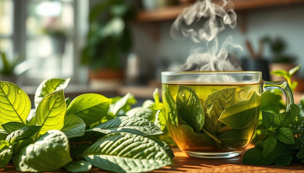 A vibrant and lush composition showcasing various types of herbal leaves known for their health benefits. In the foreground, feature a detailed arrangement of fresh green leaves like moringa, basil, and mint, with droplets of water glistening on their surfaces. The middle ground should include a clean, glass bowl filled with herbal tea brewed from these leaves, steam gently rising, hinting at freshness. In the background, a soft-focus kitchen setting with natural light filtering through a window, emphasizing a tranquil and inviting atmosphere. Use warm lighting to create a cozy mood, capturing the essence of health and wellness. The scene should be rich in color and textures, highlighting the beauty of nature’s remedies without any human presence.