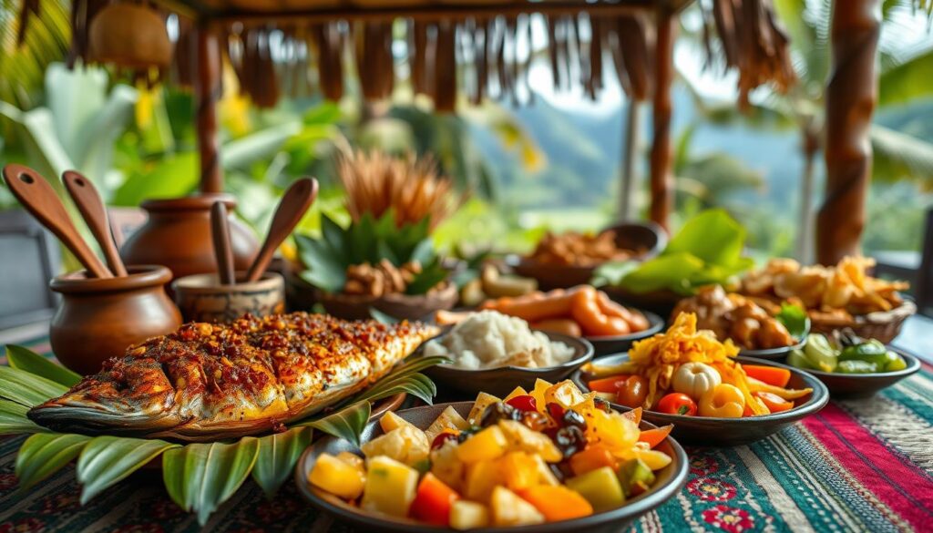 A vibrant, detailed scene showcasing exotic Maluku and Papua cuisine on a traditional Indonesian table. In the foreground, an array of colorful dishes, including Ikan Bakar (grilled fish) glazed with spices, Sagu (tapioca) presented in banana leaves, and traditional Papuan vegetables, artfully arranged amidst decorative wooden utensils. The middle ground features a beautifully woven cloth that enhances the colors of the dishes, lending authenticity to the display. In the background, soft natural lighting streams in, illuminating a lush tropical setting with hints of palm trees and mountains, creating a warm and inviting atmosphere. The angle captures both the food and the natural beauty, emphasizing the cultural richness of the region. No people are present, allowing the focus to remain on the culinary delights.