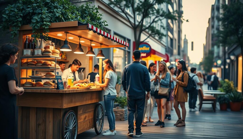 A vibrant display of contemporary food business ideas, showcasing a stylish food stall or small café in an urban setting. In the foreground, a well-organized wooden food cart featuring innovative dishes, such as gourmet burgers, artisanal pastries, and colorful acai bowls, attracting a diverse group of customers, all dressed in casual, modest clothing. The middle ground includes a friendly vendor engaging with customers, emphasizing a welcoming atmosphere. The background features a lively urban street with subtle city elements like sidewalk seating and playful greenery, bathed in warm evening light to create an inviting mood. Use a soft focus to highlight the food while still capturing the excitement of the bustling environment.