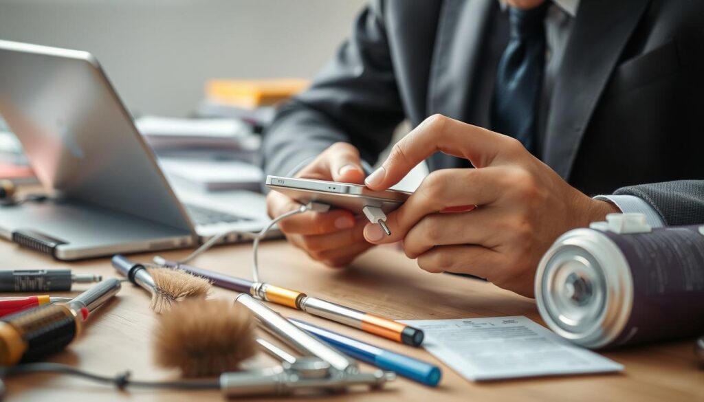 A well-lit, close-up shot of a person troubleshooting a smartphone charging issue. In the foreground, a person in professional attire examines a smartphone plugged into a charger, focused on the device's charging port. Their hands are gently holding the phone, showcasing the effort to identify any debris. In the middle ground, a variety of common tools and cleaning supplies for electronics are scattered, including a soft brush and a can of compressed air, suggesting practical solutions. The background is slightly blurred, depicting a cluttered desk with a laptop and notebooks to create a workspace atmosphere. Bright, natural lighting illuminates the scene, evoking a sense of action and determination to solve the charging problem.