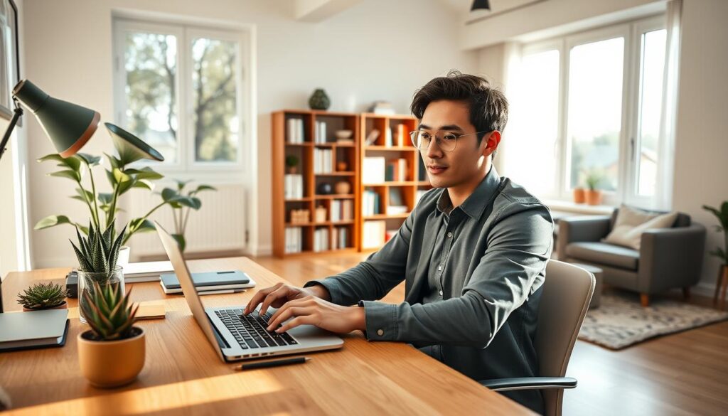 A modern home office workspace designed for freelance productivity, featuring a sleek laptop on a stylish wooden desk, with organized stationery and a succulent plant. In the foreground, a focused young professional wearing smart casual attire is seated, engaged in video conferencing, showcasing a relaxed yet efficient atmosphere. The middle ground includes a vibrant bookshelf filled with business books and a soft, comfy chair. In the background, large windows allow natural light to flood the space, enhancing the calm ambiance. The mood is inspiring and dynamic, reflecting the essence of flexible online work. Soft lighting casts gentle shadows, creating depth and warmth, reminiscent of a creative yet professional environment. A wide-angle view captures this harmonious setup.