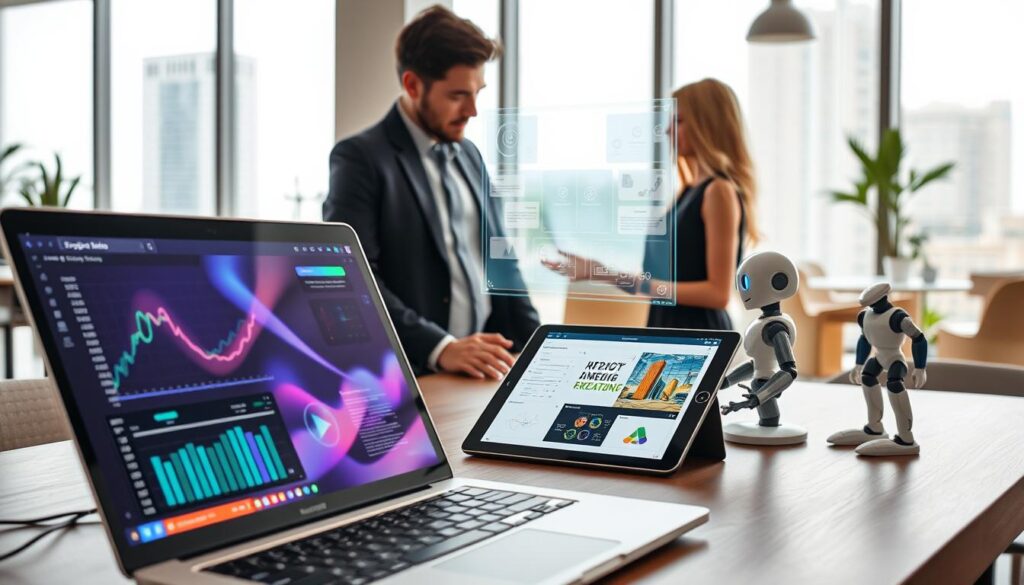 A modern workspace featuring advanced AI tools for freelancers. In the foreground, a sleek laptop displays vibrant data analytics and AI software interfaces. Nearby, a tablet showcases a graphic design application, surrounded by smart assistants resembling friendly robots. In the middle ground, a professional-looking individual in smart casual attire collaborates with a holographic interface displaying project timelines and brainstorming ideas. The background reveals a bright, airy office space with large windows letting in natural light and a cityscape view. The atmosphere is energetic and innovative, with a blend of technology and creativity. The image should use soft, diffused lighting to enhance the professionalism of the setting.